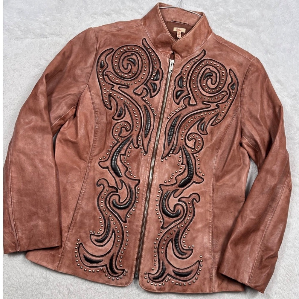 Reba Leather Jacket Women M Brown Studded Western Scroll Embroider Boho VTG 90s